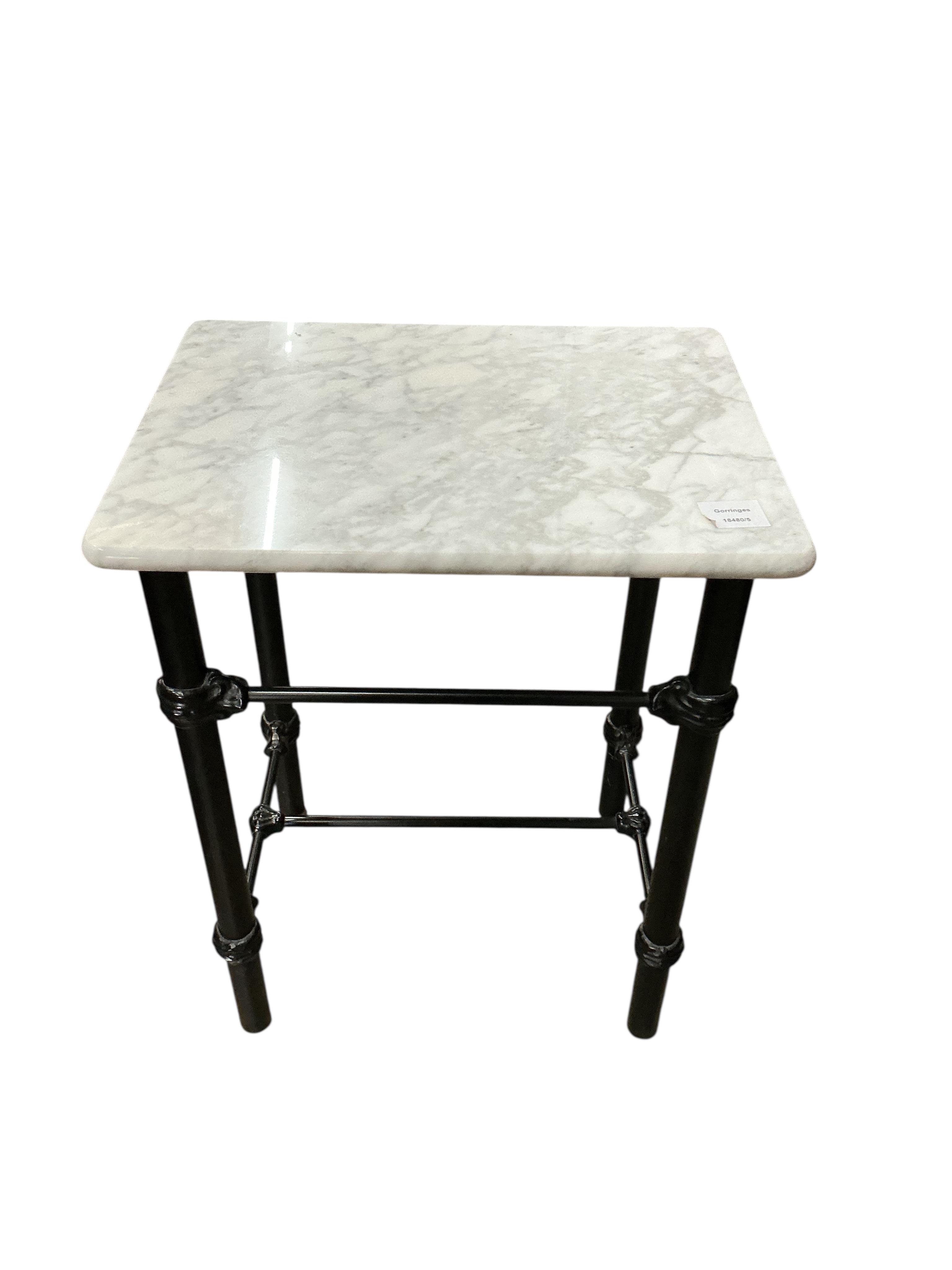 A pair of rectangular reconstituted marble and cast metal occasional tables, width 46cm, depth 35cm, height 59cm